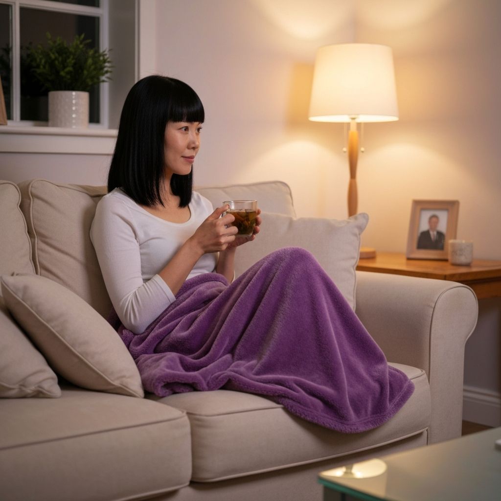 Woman in evening relaxation with calm lighting and tea